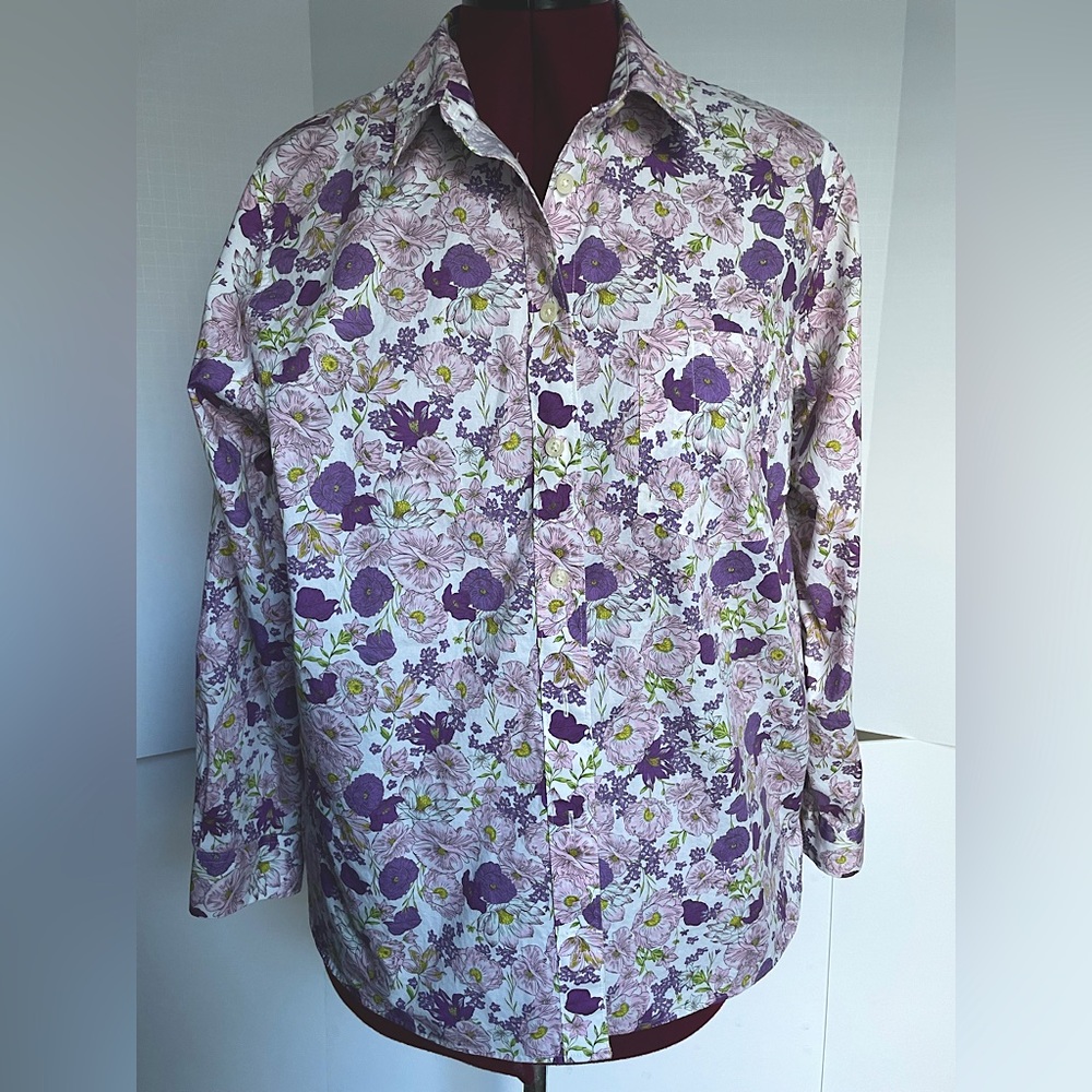 Duluth Trading 1X Floral Wrinklefighter Shirt Long Sleeve Button 1X Purple Pink